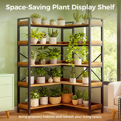 GTPLAYER 5-Tier Corner Bookshelf, L-Shaped Metal Frame Shelf with Tall 14" Shelves, Plant Stand and Storage Rack for Small Spaces, Living Room and Home Office, Rustic Brown