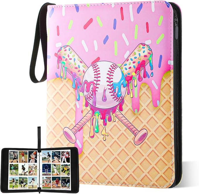 Ice Cream Drip Pattern Baseball Card Binder Waterproof Trading Card Binder Portable Collector Cardholder Album Case Gifts Baseball Cardholder for Boys Sports Game Supplies(900 Pocket,Pink)