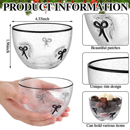 Potchen 2 Pcs Bow Glass Bowls, 14 Oz Decorative Glass Dessert Bowls with Black Bow Design Coquette Room Decor Aesthetic Candy Fruit Serving Bowl for Vanity Coffee Table Kitchen Counter