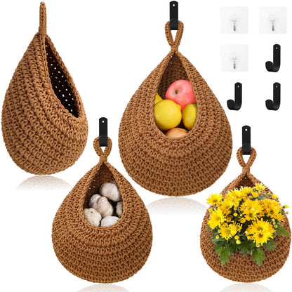 Boho Decor Hanging Fruit Baskets for Kitchen - 3 Pack Wall Hanging Basket with 6 Pcs Strong Hooks, Handwoven Hanging Holder Teardrop Produce Basket for Fruits Vegetable Potato Onion Storage (Linen)