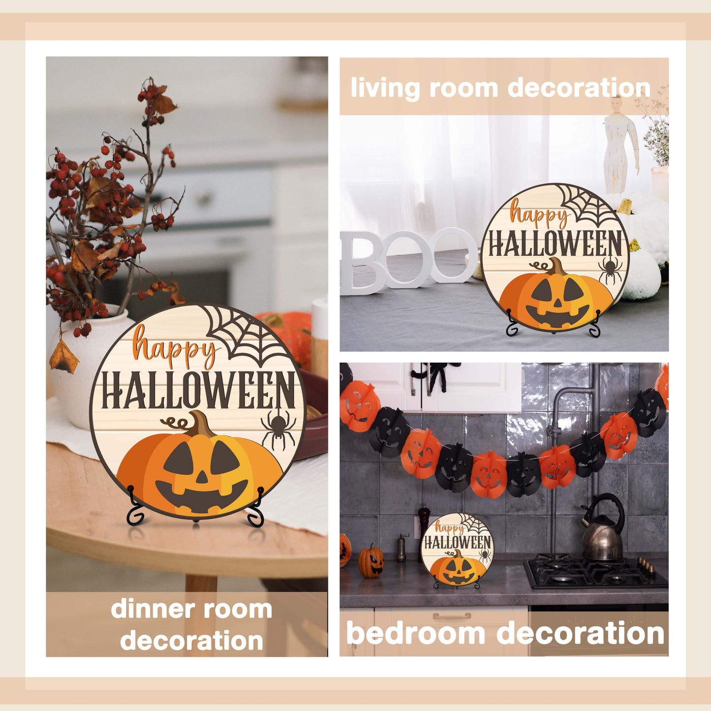Seclate Halloween Desk Decorations for Home, Wooden Table Centerpieces 8x8 Inches with Iron Stand for Office Living Room Shelf Decor, Pumpkin Ghost Witch Design Gifts for Women Friends - E06