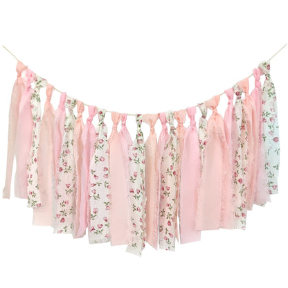 Mybbshower Pink Floral Tsaasel Garland for Wedding Spring Tea Party Haning Chiffon Tassel Banner Table Decor