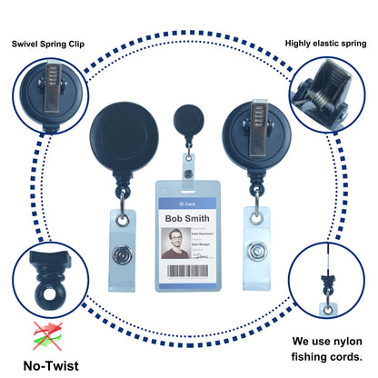 Bestom Badge Reels Retractable Badge Holder with Clip, Id Clips for Badges, Id Badge Reel, Retractable Id Badge Clip with Clear Vinyl Strap & Alligator Swivel, No Twist Dispenser (Black)