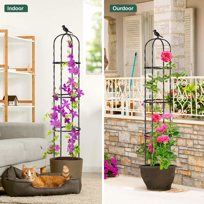 FOLLOOK Garden Obelisk Trellis for Climbing Plants Outdoor, Lightweight Climbing Plant Support Flower Roses Clematis Vegetable Light Vines Round Trellis for Raised Garden Bed Planter, Black, 2 Pack