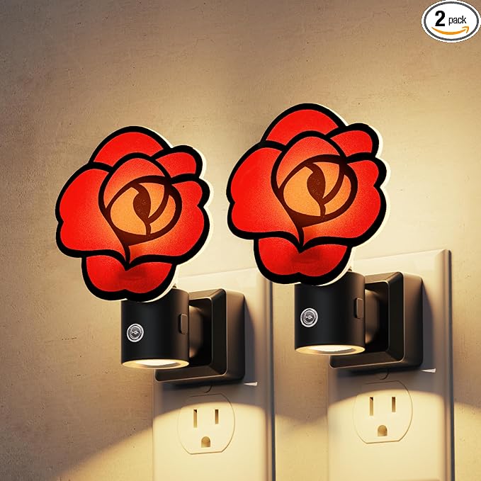 L LOHAS LED Red Rose Night Lights Plug into Wall, Gothic Rose LED Night Light with Dusk‑to‑Dawn Sensor, Adjustable Brightness, 350° Rotatable Plug in Nightlight for Bedroom Hallway Bathroom (2 Pack)