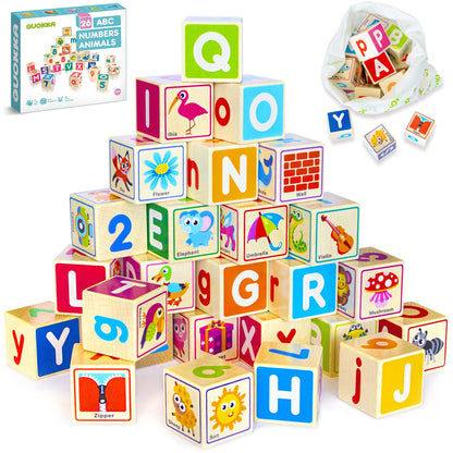 QUOKKA Wooden Blocks for Toddlers 1-3 - 26 Counting ABC Learning Baby Blocks for Kids 3-5 Year Olds Stacking Alphabet Wood Toys for 2-4 Ages - Developmental Toys with Letters Numbers from 12-18 Month