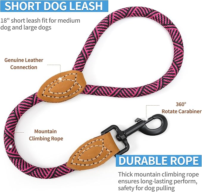 Mile High Life Short Leash for Large Dogs, Short Dog Rope Leash with Heavy Duty Metal Sturdy Clasp, Genuine Leather Tailored Connection(Hot Pink, 18 Inch)