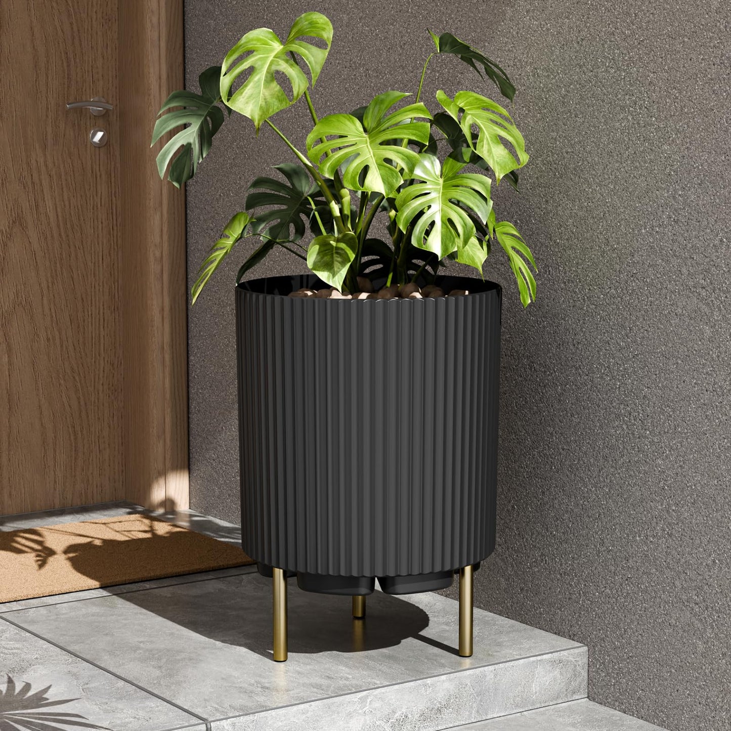 NAYSAYE Round Planter with Stand, 14.76 Inch Plastic Flower Pot Modern Plant Pots with 3 Holder, Garden Planter for Living Room Office Garden Balcony Black