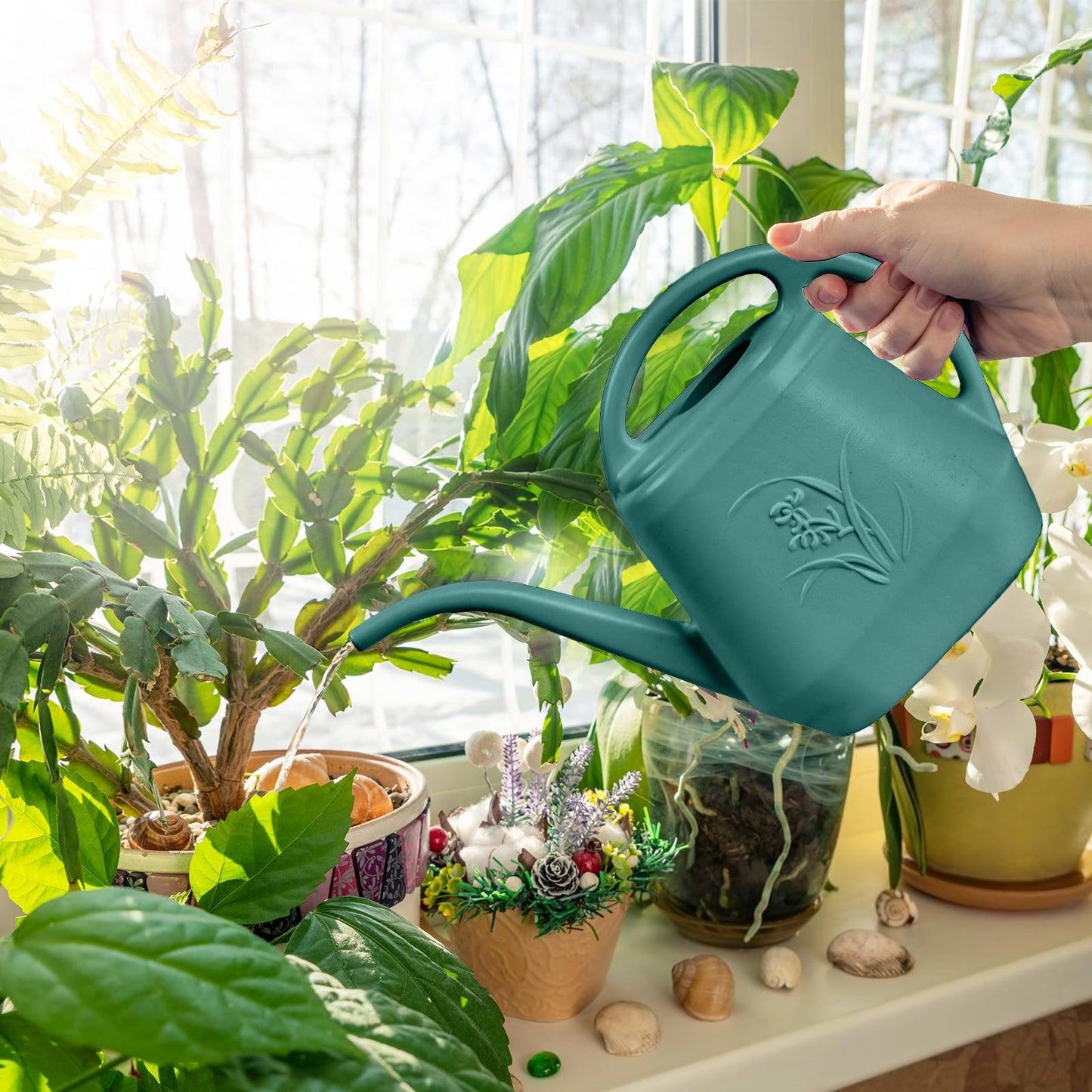ZXJ Grip Plant Watering Can - for Indoor and Outdoor Home Garden Plants - with Long Spout - Emerald Green - 1/2 Gallon