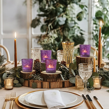 12 Pack Sun Moon Star Embossed Glass Tea Light Candle Holders - Votive Candle Holders for Wedding, Party, Home Decor, and Table Centerpieces (Amethyst Purple)
