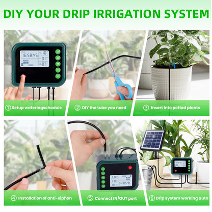 Solar Automatic Drip Irrigation Kit System,Automatic Plant Watering Devices Programmable Water Timer,LED Display for 15 Potted Plants Outdoor Indoor Garden Balcony Vacation