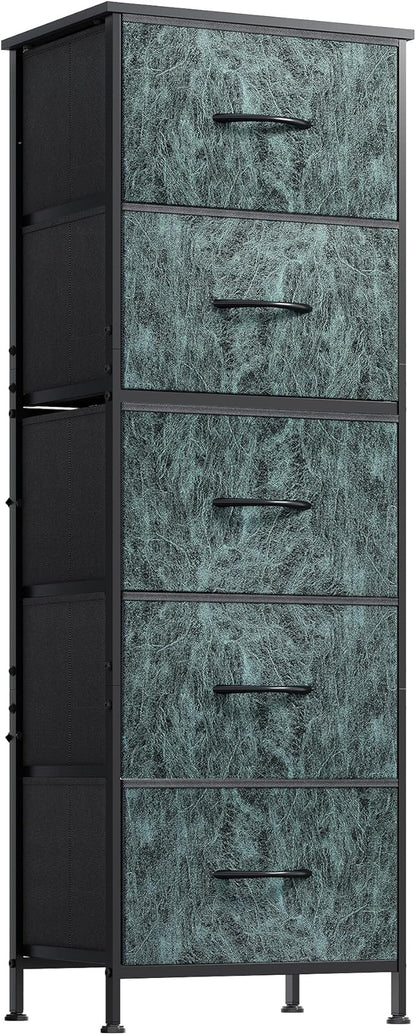 WLIVE Fabric Dresser, 5-Drawer Tall Dressers for Bedroom, Storage Dresser Organizer with Fabric Bins, Wood Top, Sturdy Steel Frame, Chest of Drawers for Closet, Hallway, Vintage Green