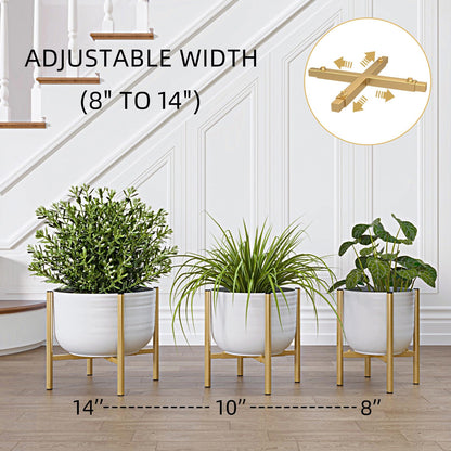 Rioneta Adjustable Metal Plant Stand Indoor, 8 to 14 Inch Pots Mid Century Modern Outdoor Planter Holder,Heavy Duty 160 LB Load, Corner Floor Small Stand for Home Garden Decor Golden