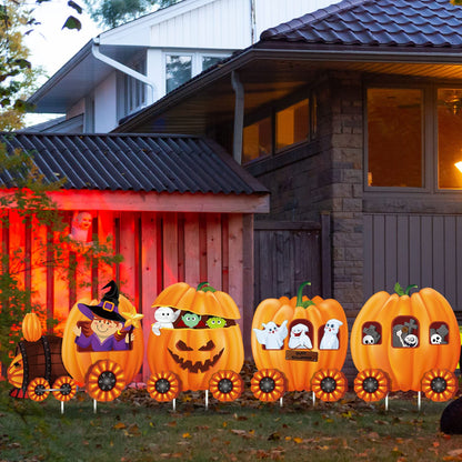 Shellwei 4 Pcs Thanksgiving Pumpkin Yard Outdoor Decor Skeleton Train Yard Signs Autumn Harvest Decorations for Lawn Outdoor Garden Farmhouse Home Thanksgiving Party Decor(Pumpkin,Yellow)
