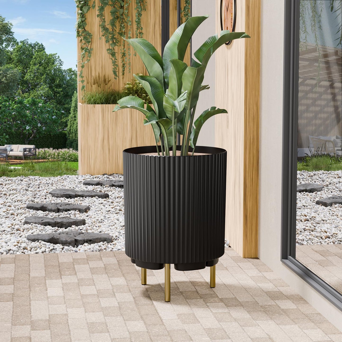 FONTOI 20.3'' Planter Stand, Plastic Striped Planter Stand with 3 Holder, Round Plant Stand for Outdoor/Indoor Planters, Plant Stand for Tall Plants Porch Decor, Black