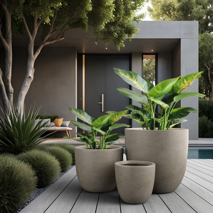 Kante Round Concrete Planter Set of 3, Large Outdoor Indoor Plant Pots with Drainage Hole, 10/14/18-Inch Diameter Flower Pots for Patio, Garden and Home, Weathered Concrete