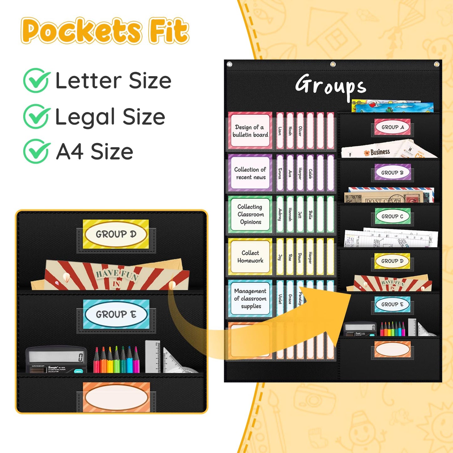 AKAYOK Small Group Pocket Chart with 84 Colorful Dry Erase Cards, Classroom Jobs Chart with 6 Pocket Wall Hanging File Folder, Pocket Chart for Classroom,Office,Home, Small Group Classroom Must Haves