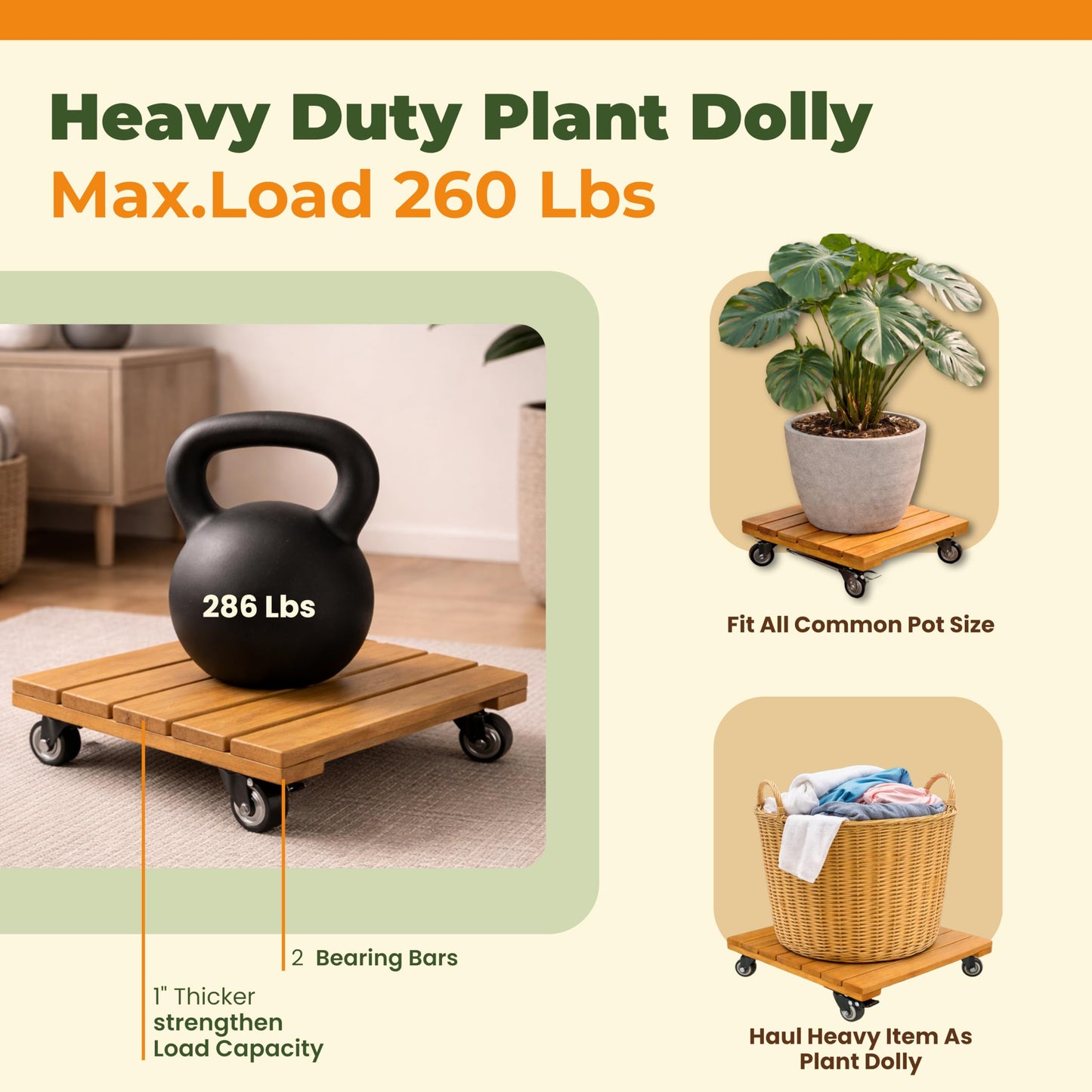 Jurax 14 Inch Wood Plant Caddy with Wheels – Heavy Duty Plant Dolly Holds Up to 286 lbs, 360° Lockable Casters, Rolling Plant Stand Indoor Outdoor for Large Pots – 2 Packs, Square-Golden Teak
