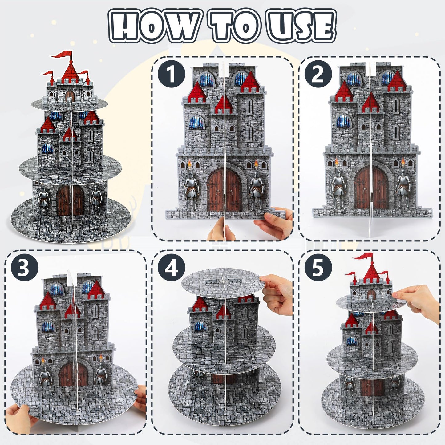 3 Tier Medieval Castle Cupcake Stand Decor with 24 Cake Toppers Knight Birthday Party Decorations Medieval Theme Dessert Cardboard Stand Tower Castle Cupcake Holder for Boys Baby Shower Supplies