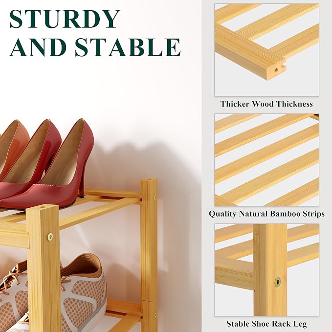 Smiry Small Bamboo Shoe Rack, 2 Tier Free Standing Wooden Shoe Organizer, Stackable Wood Shoe Storage Shelf for Closet, Entryway, 12 Vertical Slats, One-piece Standard Legs, 17.3"x11"x13", Natural