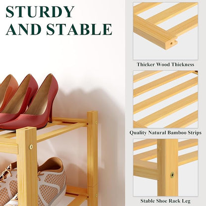Smiry Small Bamboo Shoe Rack, 4 Tier Free Standing Wooden Shoe Organizer, Stackable Wood Shoe Storage Shelf for Closet, Entryway, 12 Vertical Slats, 2+2 Stack Standard Legs, 17.3"x11"x26", Natural