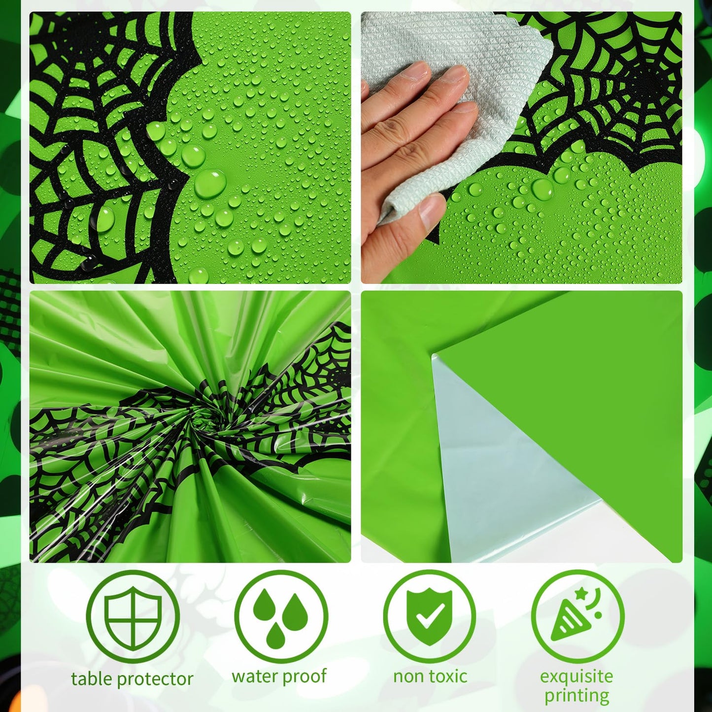 Breling Halloween 6 Pcs Spider Web Rectangular Tablecloths Waterproof Wrinkle Resistant Spider Web Pattern Tablecloths for Halloween and Holiday Banquet Parties Kitchen Dining Room(Green)