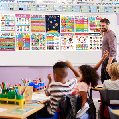 16PCS Classroom Educational Posters - Laminated Educational Posters For Toddlers, 14.7'' x 11.5'' Preschool Learning Posters, Alphabet Number Charts, Kindergarten Classroom Wall Decor, Playroom Homeschool Daycare & Classroom Decor, Kindergarten & Preschoo