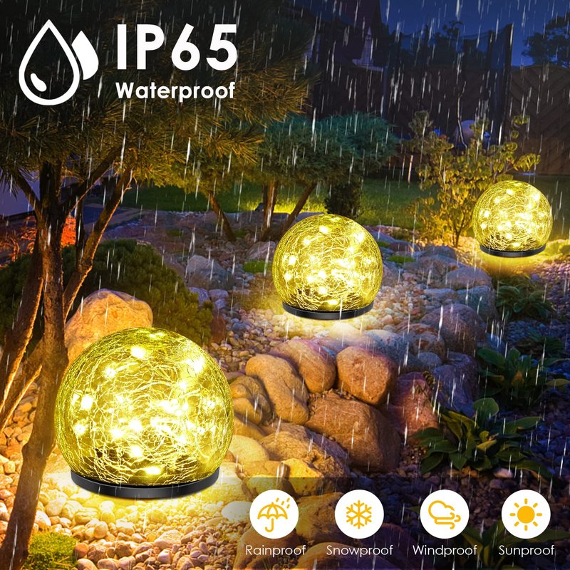 Keevvon Solar Garden Lights, 2 Pack 80 LED Cracked Glass Solar Globe Lights Outdoor Decoration, Upgraded Waterproof Warm White Ball Lights for Yard Pathway Patio Lawn Christmas Outside Decor, 5.9"