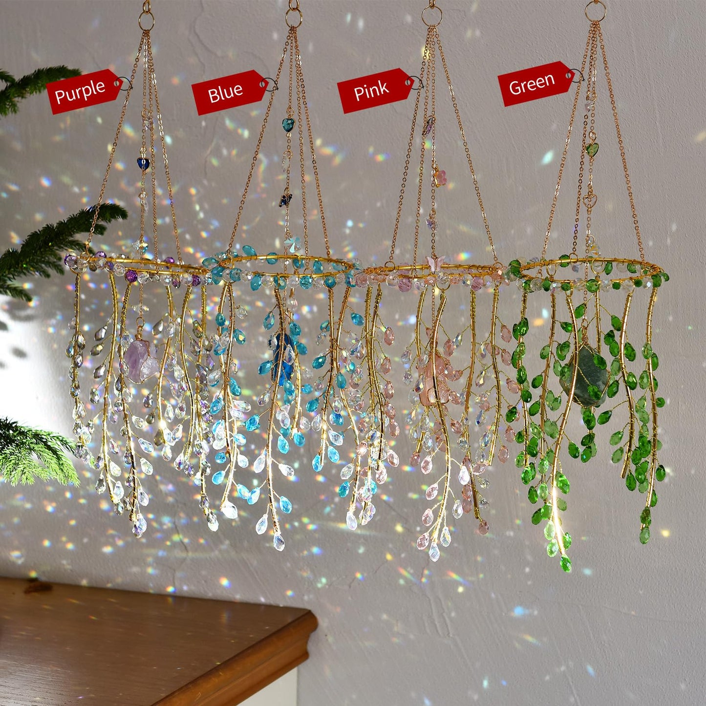 Crystal Hanging Suncatcher with Natural Stone, 16.9 Inch Decorative Wind Chime, Gold Chain & Branch Design (Purple)