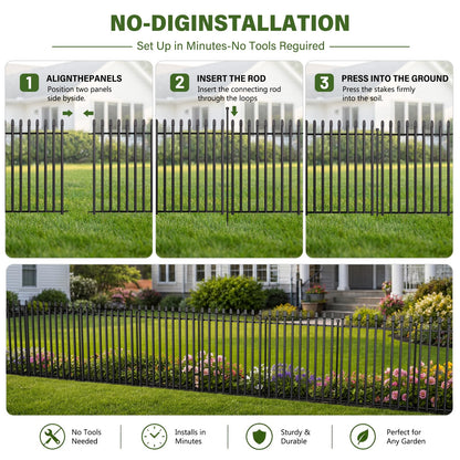 10 Panels No Dig Decorative Garden Fence, 32in(H)×22ft(L) Heavy-Duty Rustproof Metal Panels, Outdoor Dog Barrier for Yard & Patio, Landscape, Border| Portable Temporary Fencing