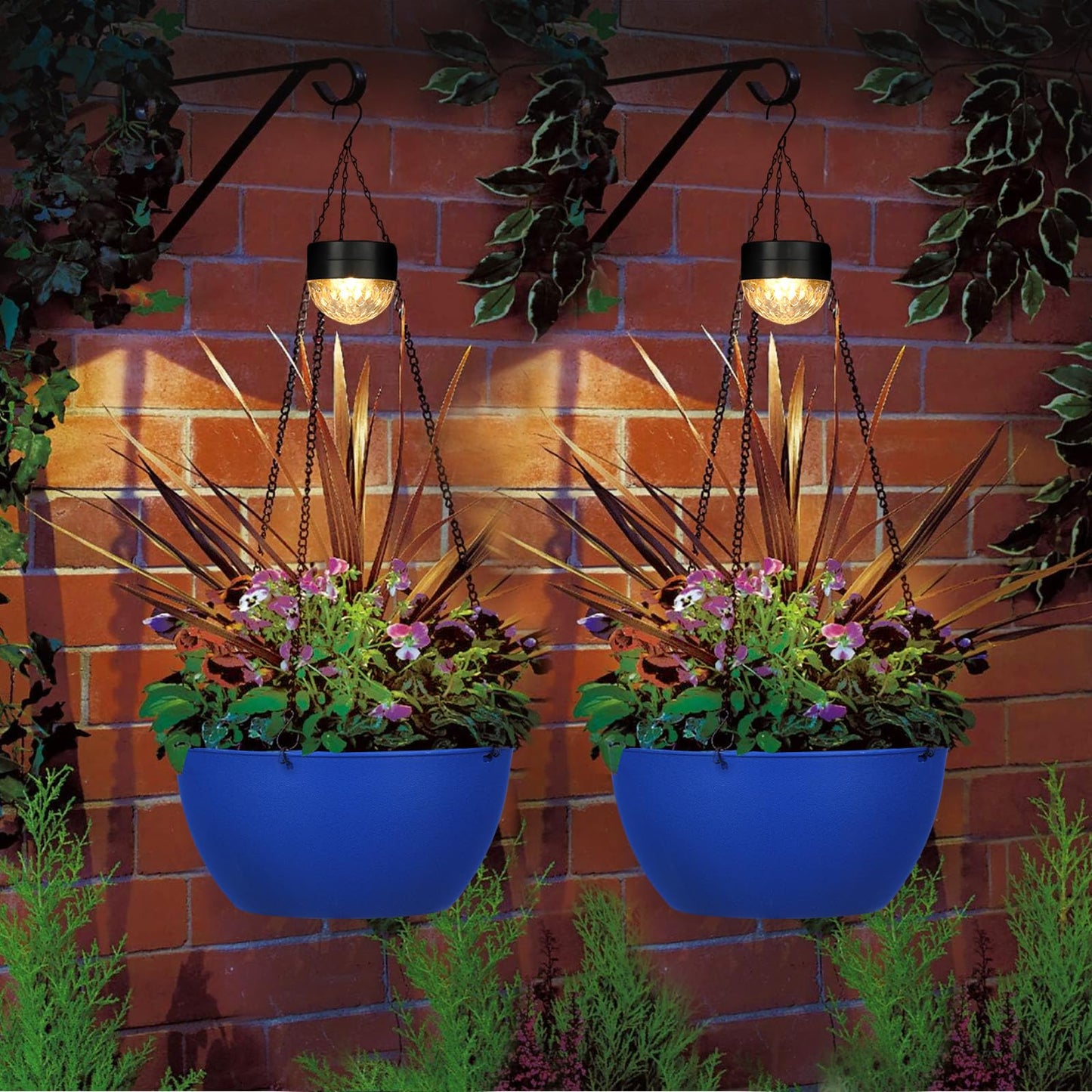 SUNNYPARK 2 Packs Hanging Planters Basket for Outdoor Plants, Solar Powered Self Watering Blue Round Plastic Flower Pots with Drainer for Balcony Patio Garden Outdoor Decoration