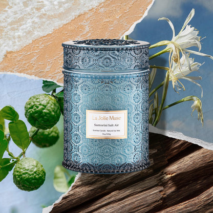 LA JOLIE MUSE Santorini Salt Air Scented Candle for Home | 19 oz Non Toxic Natural Soy | Large Blue Jar Candle | Summer Ocean Candle | Luxury Gifts for Women & Men | Wood Wick