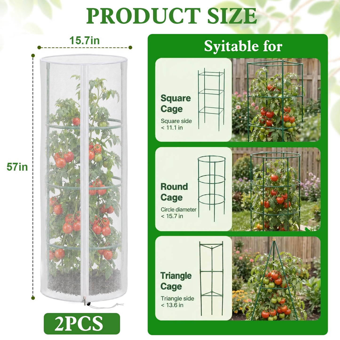 2 Pcs Garden Mesh Plant Cover for Round Tomato Cage, 57" x 15.7" Insect Bird Netting Protection Net Covers with Zipper & Drawstring, Garden Tomato Trellis Netting for Climbing Plants