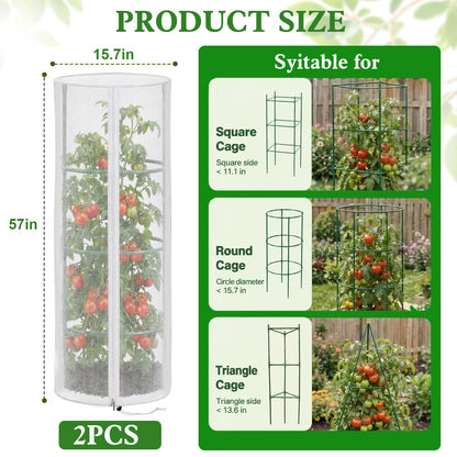 2 Pcs Garden Mesh Plant Cover for Round Tomato Cage, 57" x 15.7" Insect Bird Netting Protection Net Covers with Zipper & Drawstring, Garden Tomato Trellis Netting for Climbing Plants