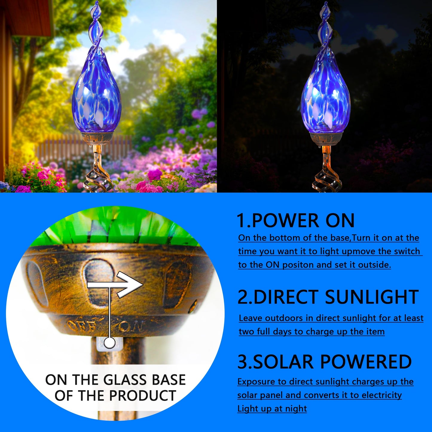 Naboher Solar Garden Lights Outdoor, Decorative LED Flame Garden Stakes, Hand Blown Glass and Outdoor Waterproof Glass Stakes (Dark Blue)