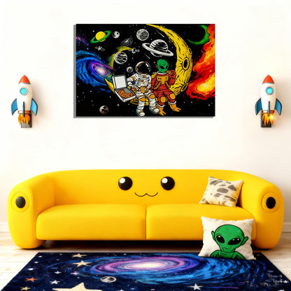 16x24 Space Astronaut Alien Pizza Party Canvas Wall Art Black Cosmic Prints Moon Planet Poster Home Framed Decor Kids Bedroom Fantasy Painting Teen Boy Room Funny Gift Picture Child Study Room Photo