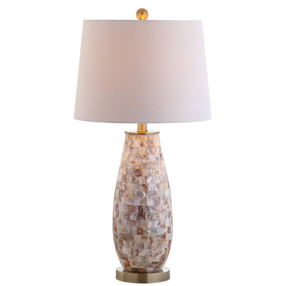 JONATHAN Y 28" Natural Mosaic Seashell Table Lamp, Coastal Contemporary Resin Lamp for Living Room Bedroom, White Linen Shade, Brass Gold Accents, LED Bulb Included JYL4005A