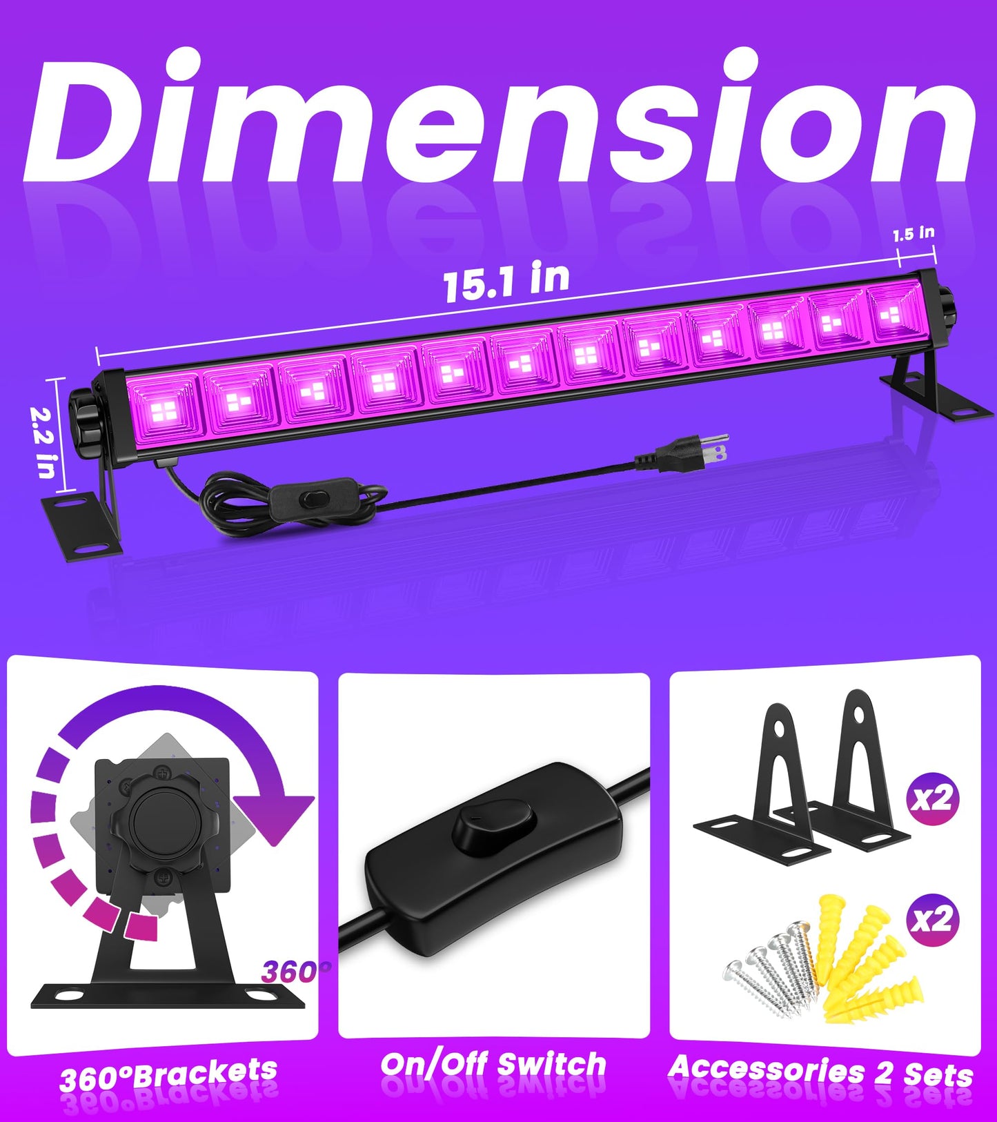 TigQiang 2 Pack 42W LED Black Light Bar, Blacklight with 6FT Cord+Switch+Plug, Glow in The Dark Black Lights Party Supplies,Halloween Lighting Decorations, Fluorescent Poster, Body Paint, Classroom