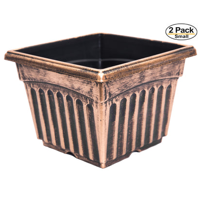 Sapphire USA 9" Square Planter Rustic Greek Column Look Set of 2 Flowerpot for Nursery Indoor Outdoor Garden Patio Office and Home Decor (Medium, Gold)