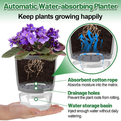 Aulock 6 pcs Self Watering Plant Pots - 4.1/3.2 in Plastic Planter with Drainage Holes, Flower Pots for African Violet, Mini Indoor Plants, Succulents, Herbs, Cactus, Basil, Grey
