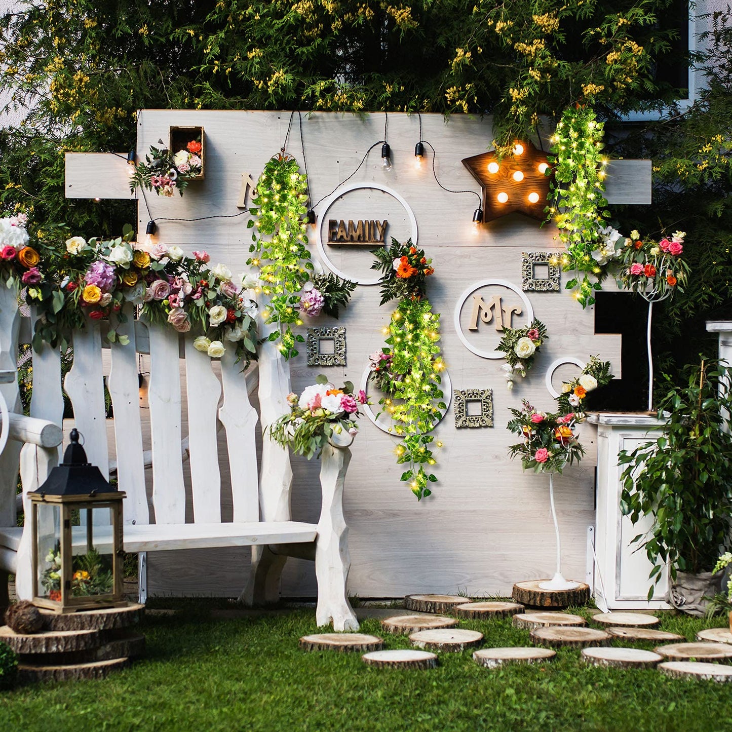 Mudder 3 Packs LED Artificial Hanging Plants, 3.6 ft Fake Hanging Plant, Ivy Vine Fake Leaves Greeny Chain Wall Home Room Garden Wedding Garland Outside Decor (Basket Not Included) (Greenery Style)