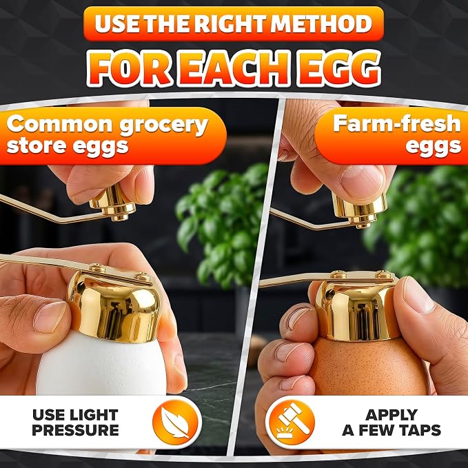 Egg Cracker Tool for Raw Eggs — Egg Shell Opener for Soft-Boiled Shell Tops, Stainless Steel Topper with Ergonomic Adjustable Effort — Clean Cut Design for Breakfast Prep, Custards, and Baking (Gold)