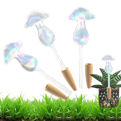 HyJeryty Non-Clogging Iridescent 3 Pack Mushroom Plant Watering Globes with Terracotta Spikes, Hand Blown Glass Self Watering Planter Insert Plant Watering Devices Bulbs for Indoor and Outdoor Plants
