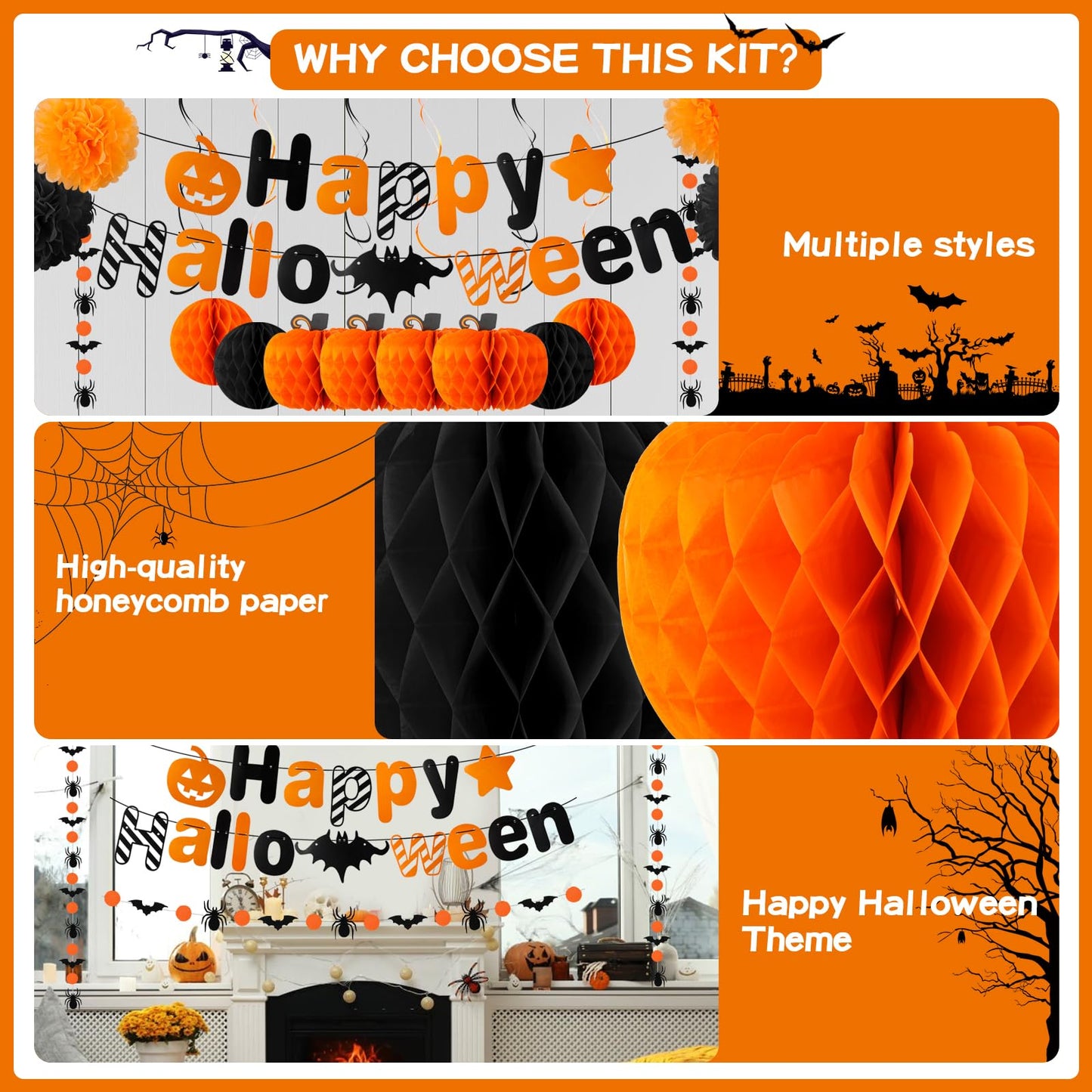 VinTS Happy Halloween Party Decoration,Black Orange Halloween Banner with Hanging Swirls,Circle Confetti Dots,Honeycomb Ball,Tissue Paper PomPoms for Wall Window Indoor Decor