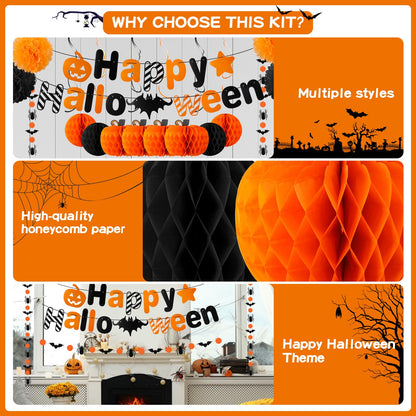 VinTS Happy Halloween Party Decoration,Black Orange Halloween Banner with Hanging Swirls,Circle Confetti Dots,Honeycomb Ball,Tissue Paper PomPoms for Wall Window Indoor Decor