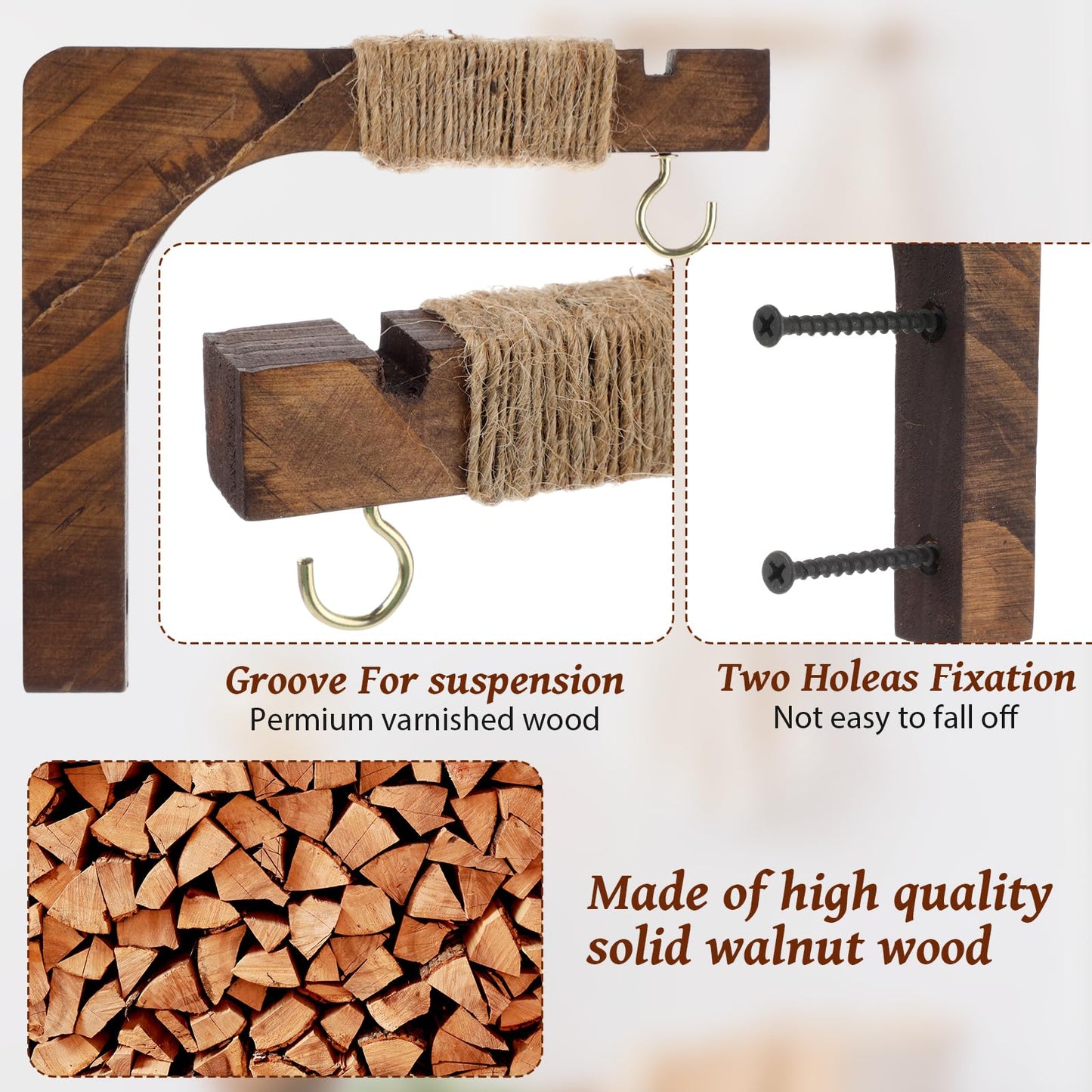 Geelin 4 Pack Wooden Plant Hanger for Wall Mounted Plant Hooks Outdoor Indoor Hanging 6 Inch Farmhouse Hanging Basket Hooks for Garden Home Wall Decoration, L x H x T: 6 x 5 x 0.8inch(Walnut)