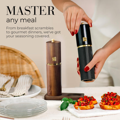 Wooden Salt and Pepper Grinder Set – Refillable Manual Salt and Pepper Mills with Adjustable Ceramic Burrs, Gold Detailing, and Wood Stand – Black and Dark Wood
