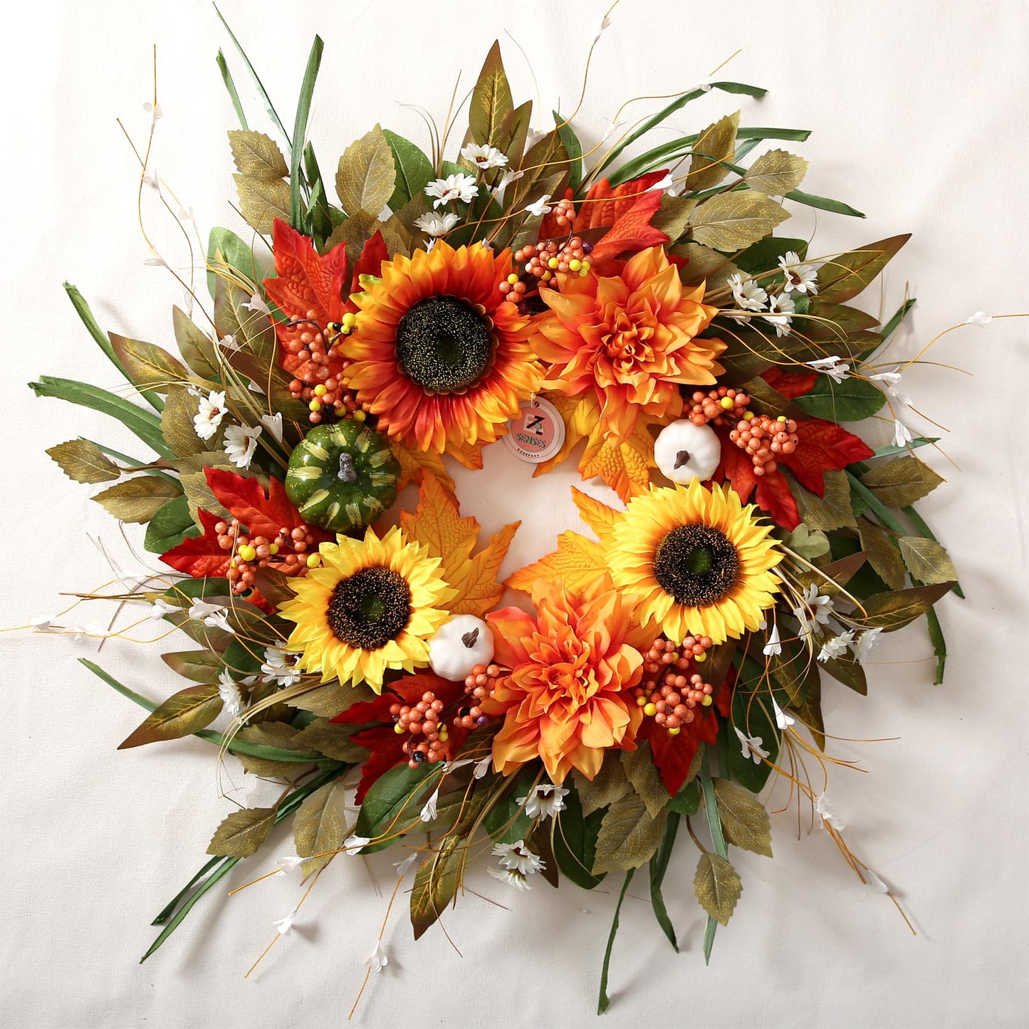 Sunflower Wreaths for Front Door Outside All Season, 24 Inch Artificial Dahlia and Sunflower Door Wreath with Greenery, Pumpkins and Maple Leaves for Home Porch Decor