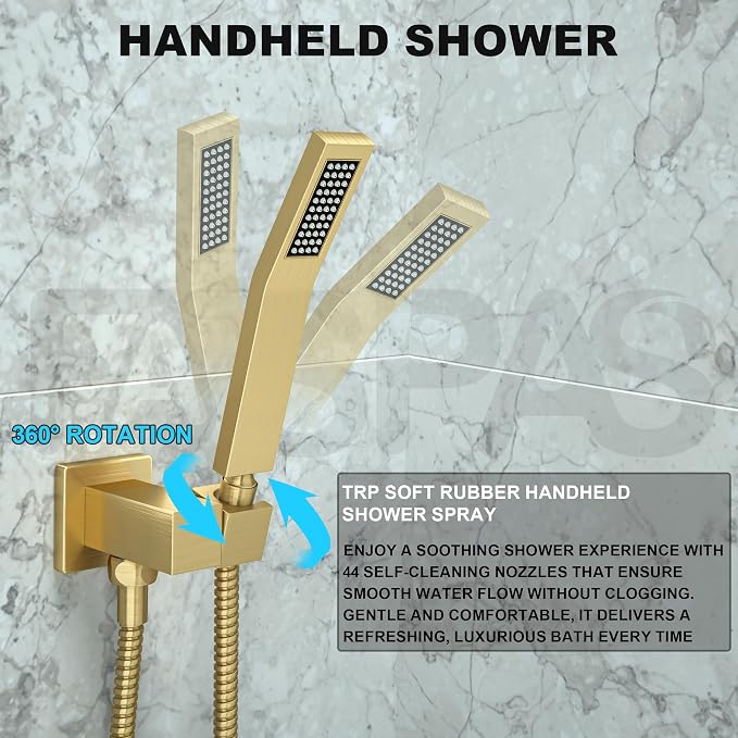 Brushed Gold Shower System with 10-Inch Rain Showerhead and Tub Spout | cUPC-certified pressure balance brass valve to prevent scalding, CEC-certified air injection technology for low pressure