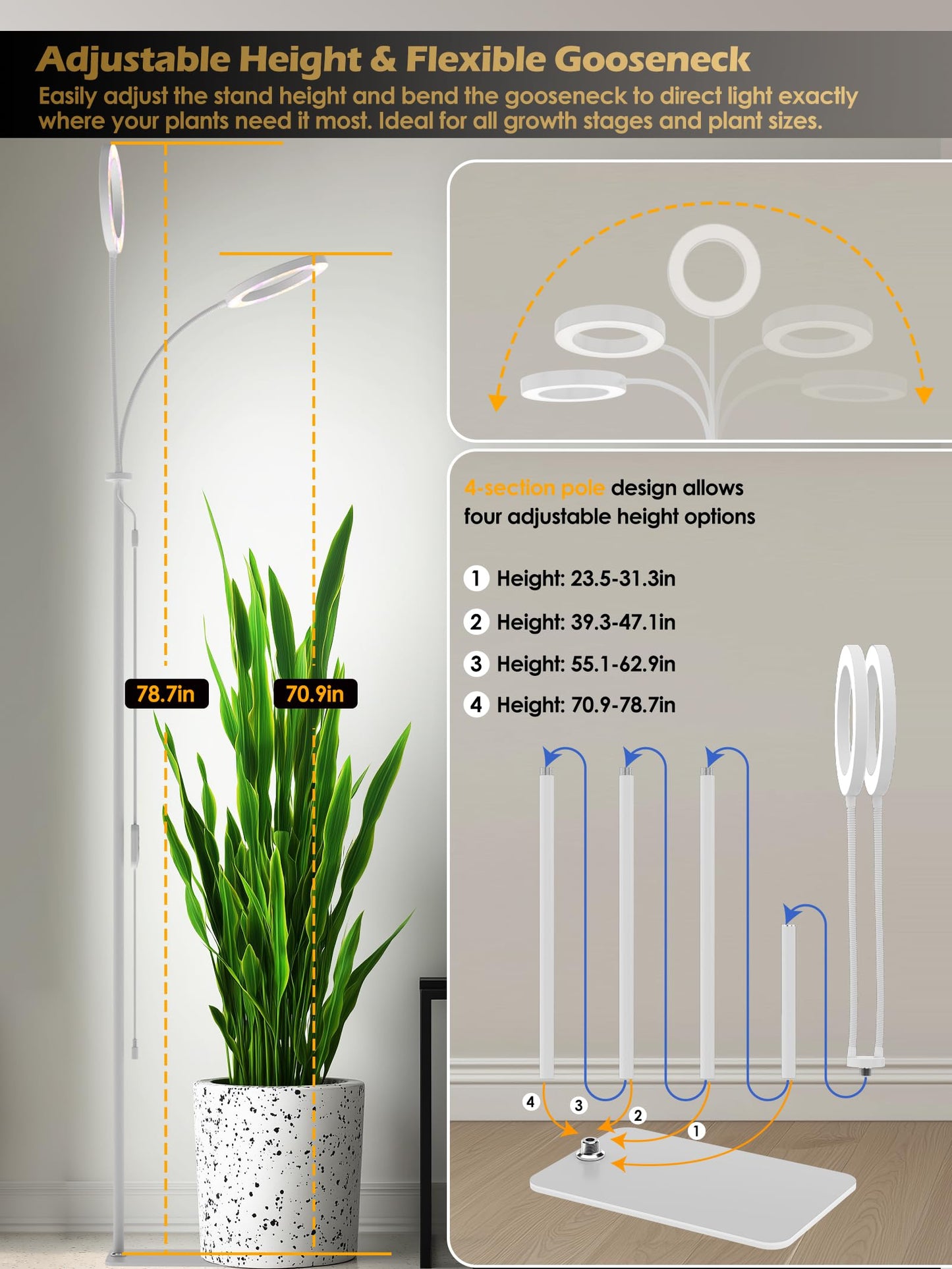 GLOWRIUM Grow Lights for Indoor Plants, Full Spectrum LED Grow Light, Stepless Dimming,3 Lighting Mode and Adjustable Height, Plant Light with 3/9/12/16H Timer (White, Dual Heads)